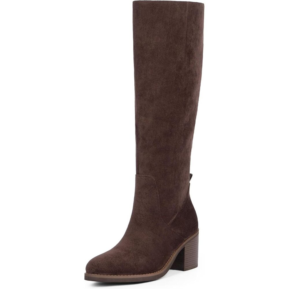 Women's Suede Brown Chunky Heel Rounded Toe Tall Knee High Heel Fall Long Boots